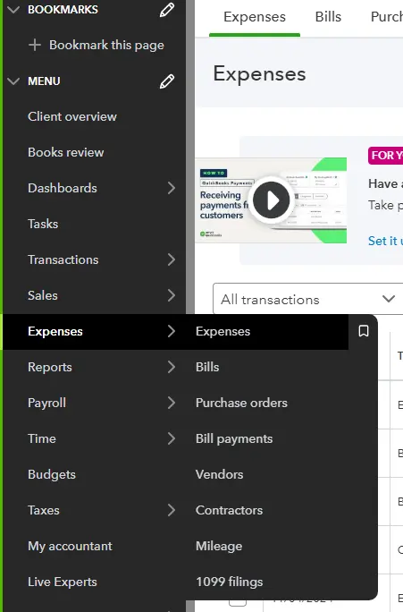 Quickbooks Menu