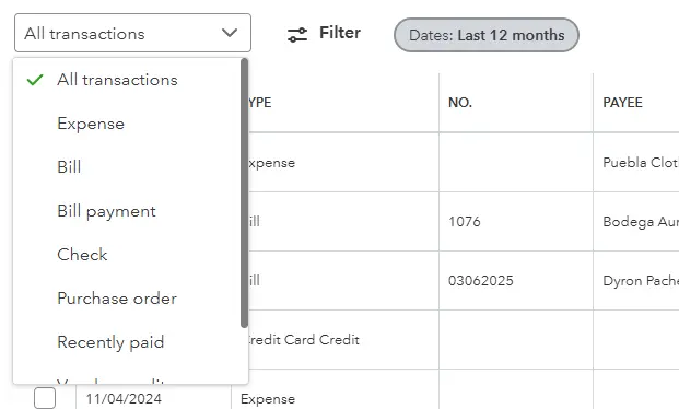 Quickbooks expense tab