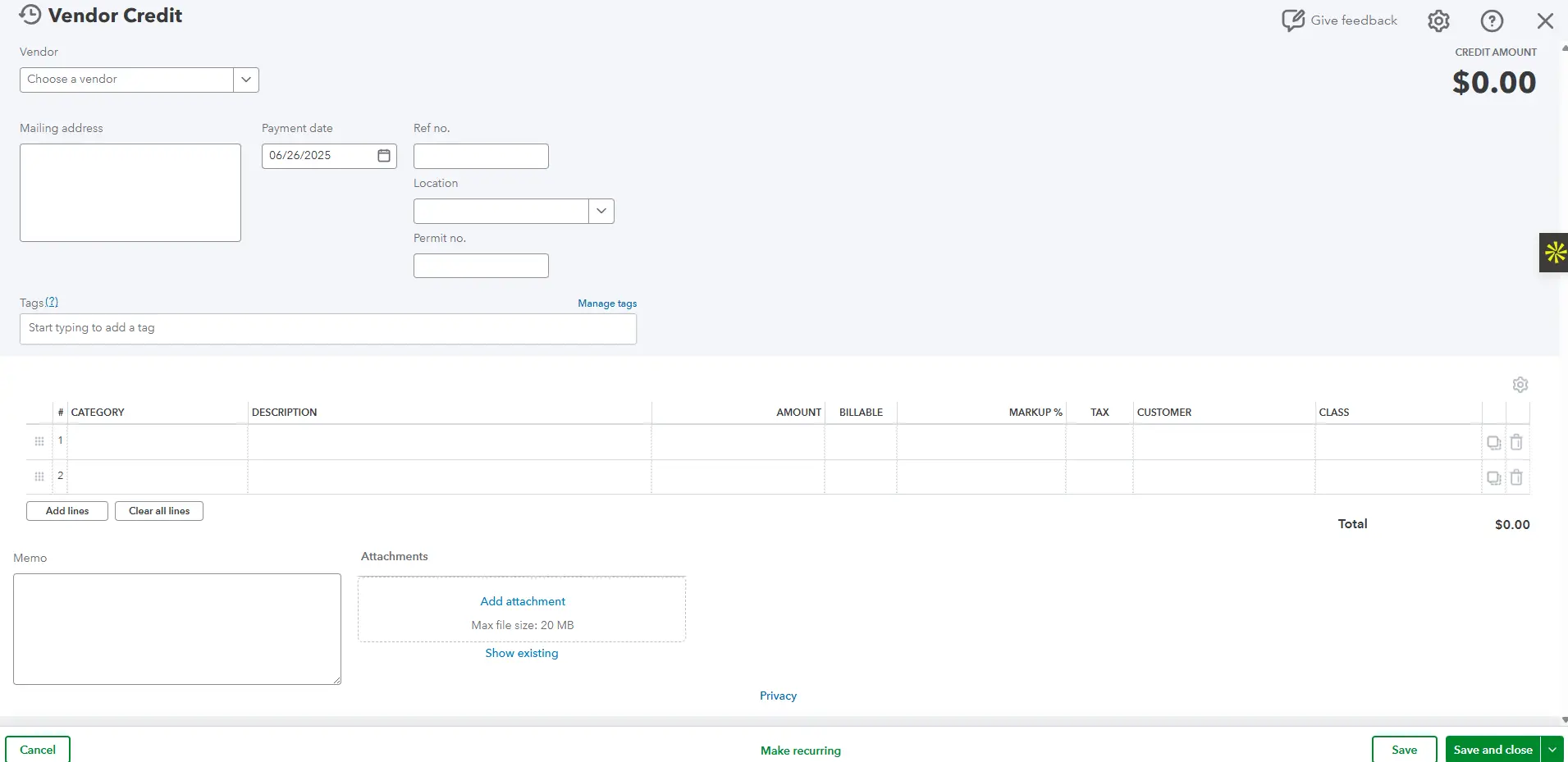 QuickBooks vendor credit screen