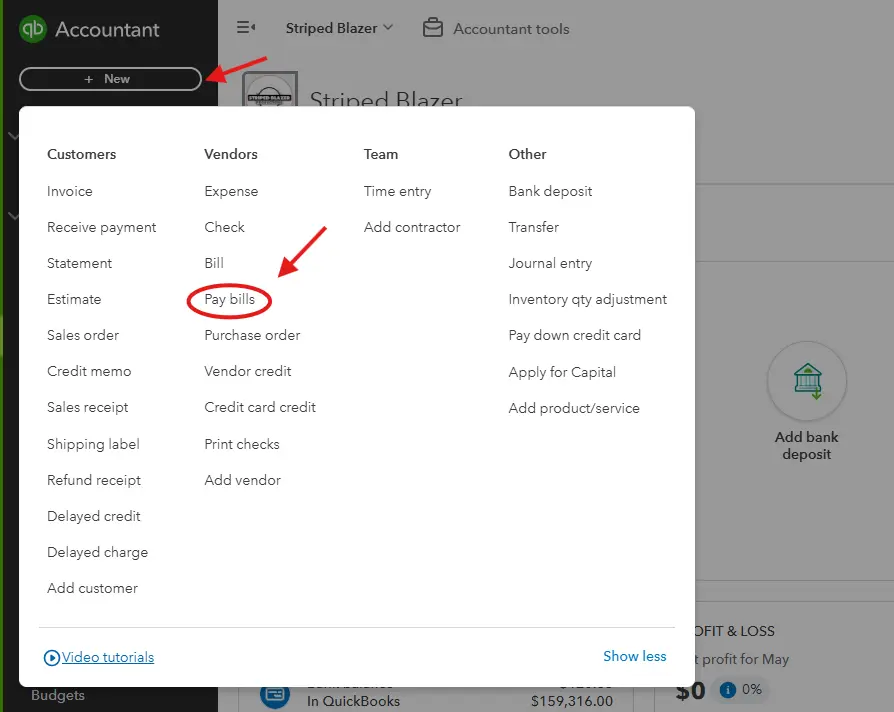 QuickBooks Vendor Bill Pay Option