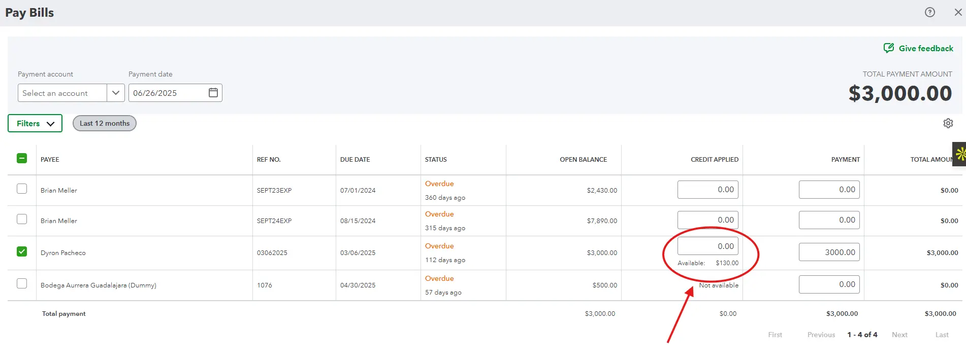 QuickBooks Pay Bills Screen Vendor Credit