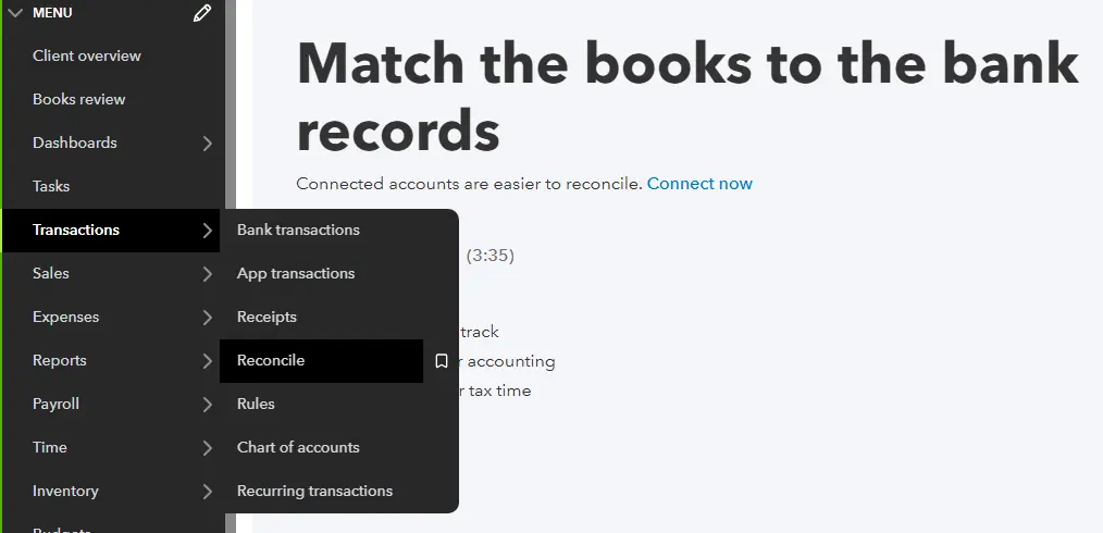 QuickBooks Reconciliation Menu
