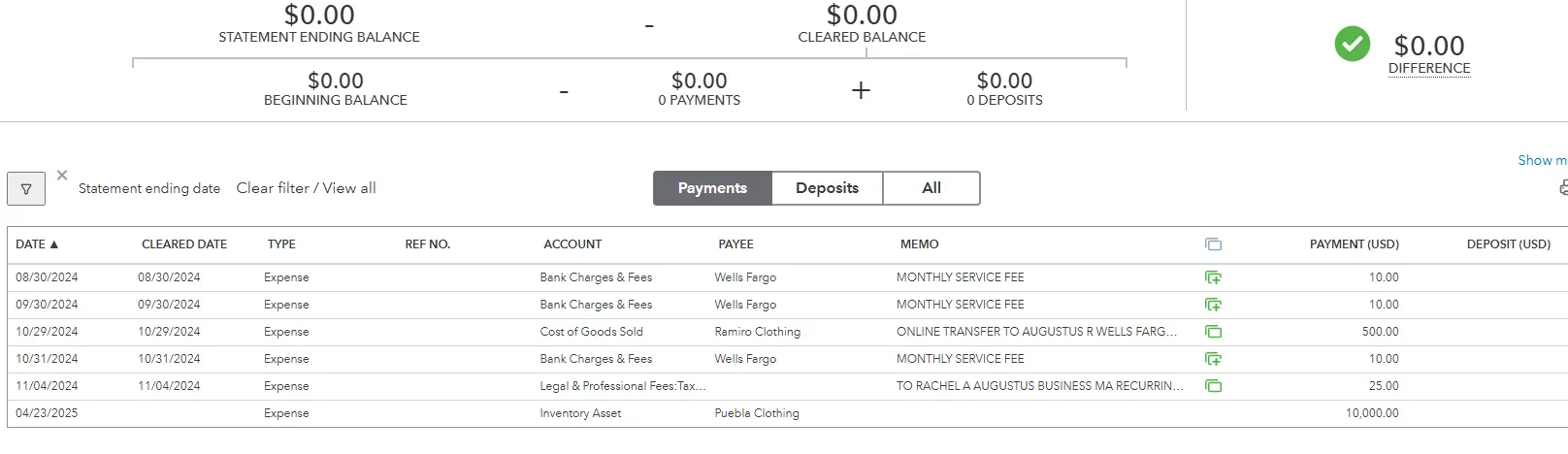 QuickBooks Reconciliation Payments