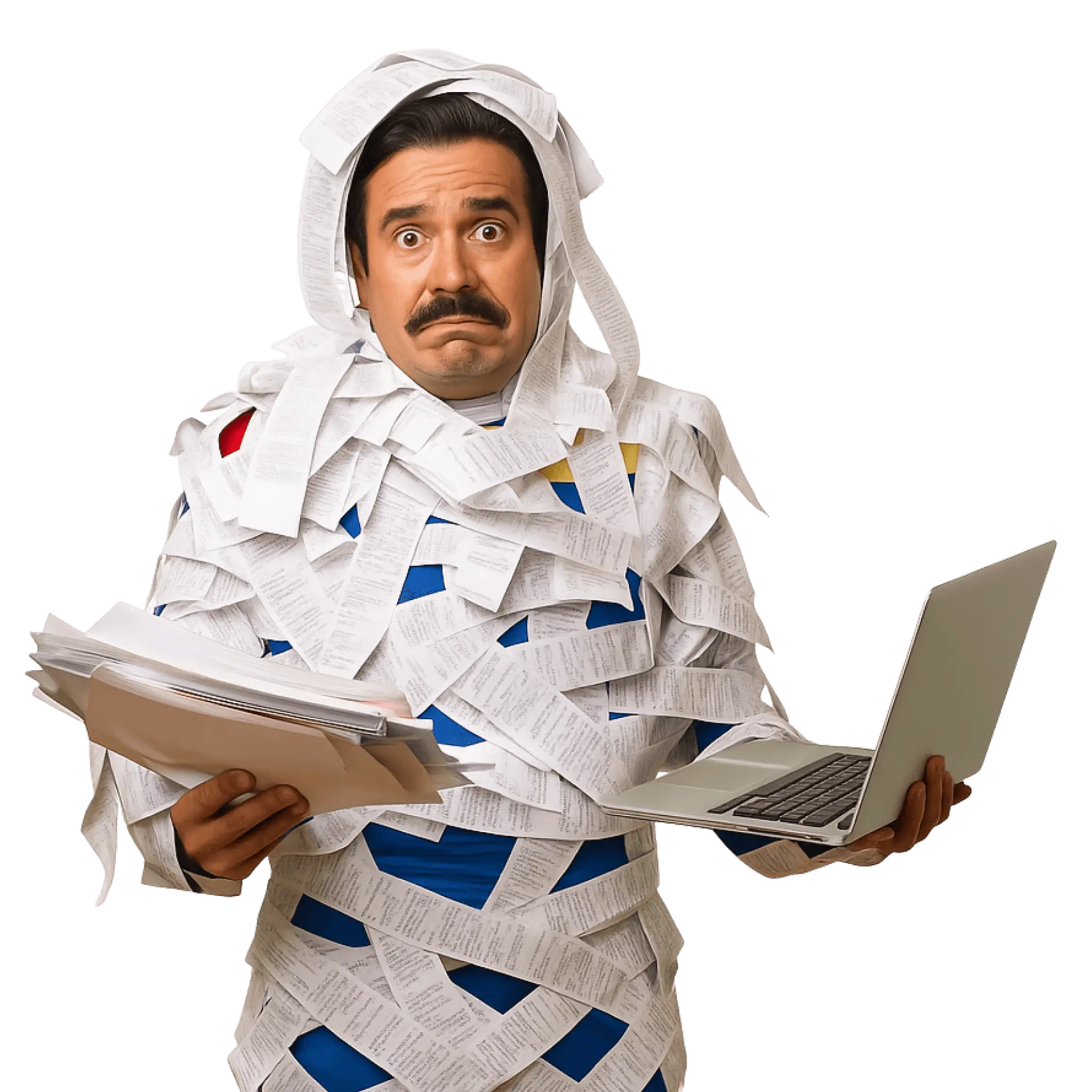 Business owner wrapped around in receipts