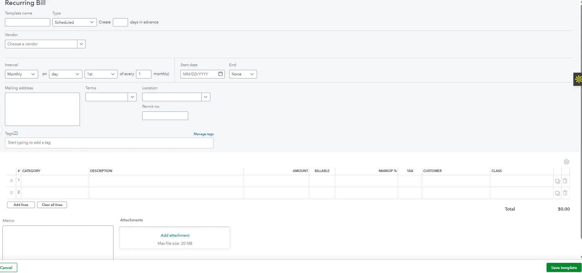 Memorized transaction screen in QBO